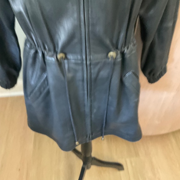 90's VTG Hailey soft LeatherJacket Black Long Drawstring Zip Coat Oversize XS - Picture 10 of 16